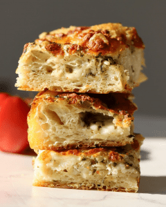 Cheesy Garlic Focaccia Bread sliced and stacked