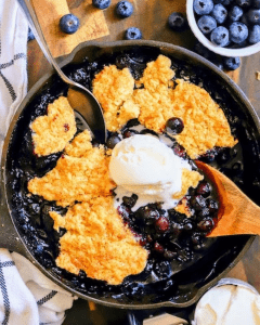 Blueberry Cobbler in a castiron skillet