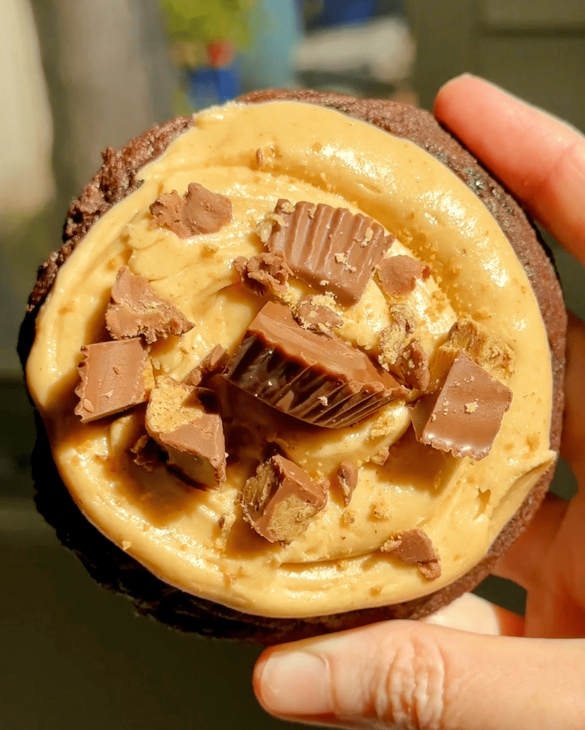 reeses peanut butter cups chopped on top of peanut butter frosting and chocolate cookies