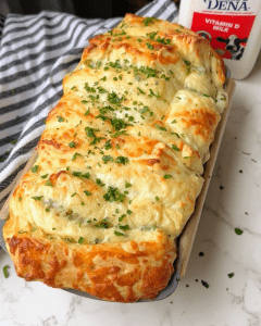 Cheesy garlic pull apart bread- layers of mozzarella cheese, fresh garlic butter and chopped herbs.