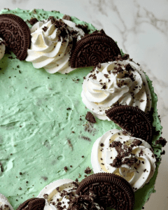 No bake Oreo Mint Pie. A layer of creamy, velvety mint cheesecake with pockets of crumbled oreos. Topped with a light whipped cream and decadent chocolate ganache.