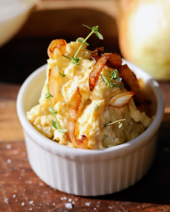 Creamy French onion butter blended with sweet caramelized onions, fresh thyme, and flaky sea salt, packed into a ceramic baking dish with caramelized onions and fresh thyme on top.