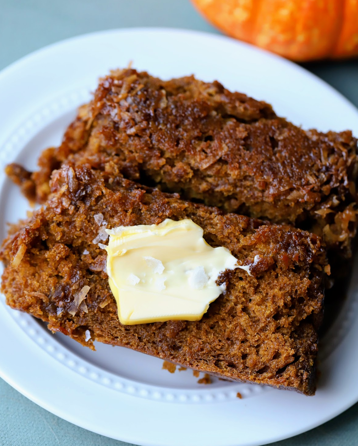 sliced upside down toasted coconut pumpkin bread